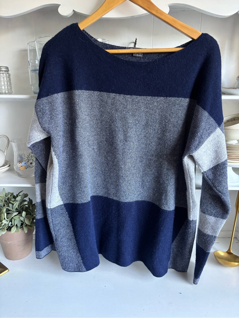 Vince Navy and Gray Wide-Stripe Boatneck Sweater